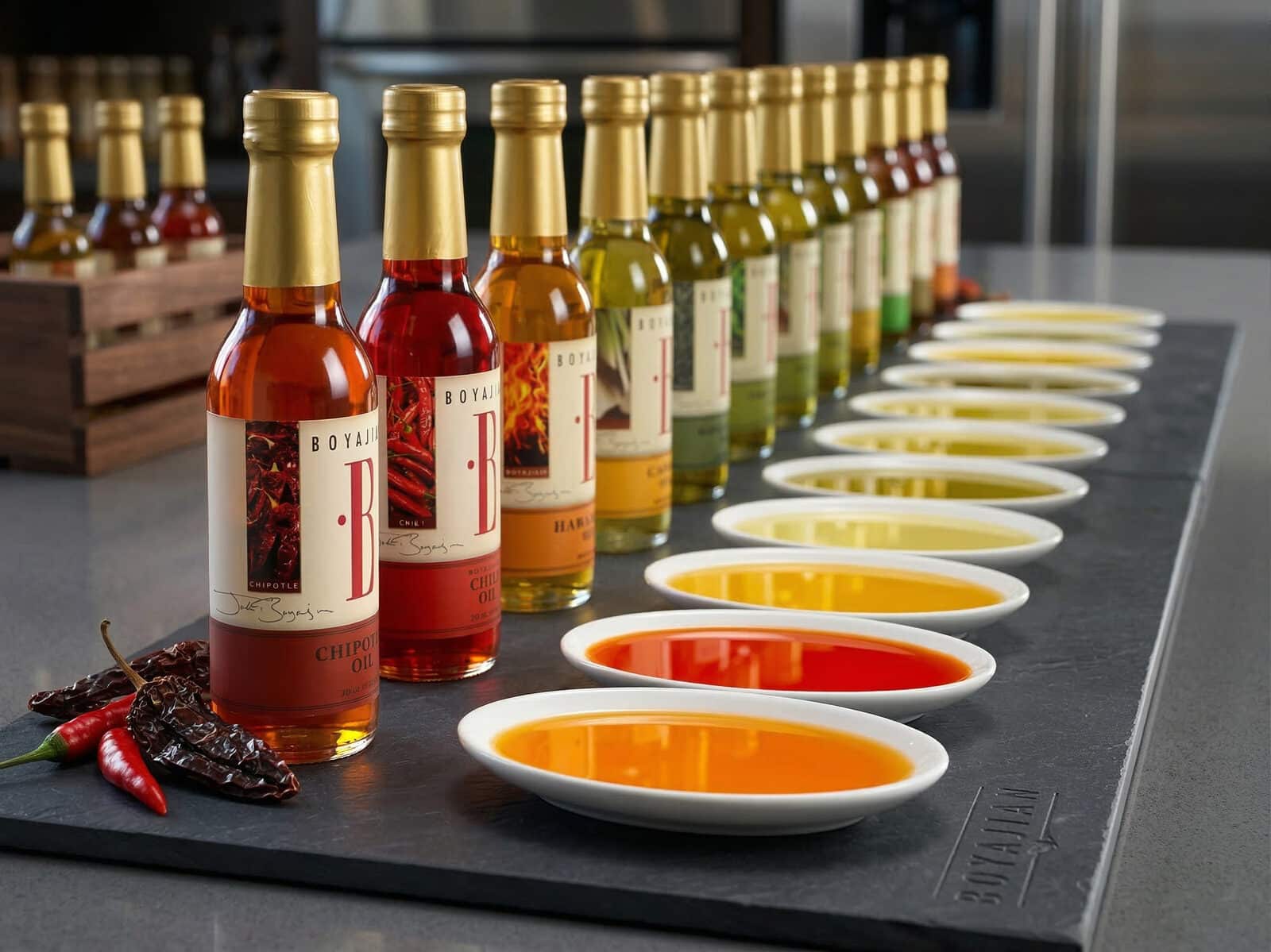 Bottles of Boyajian flavored oils, including Chipotle and Chili, with samples in white dishes and fresh and dried chili peppers on a slate board.