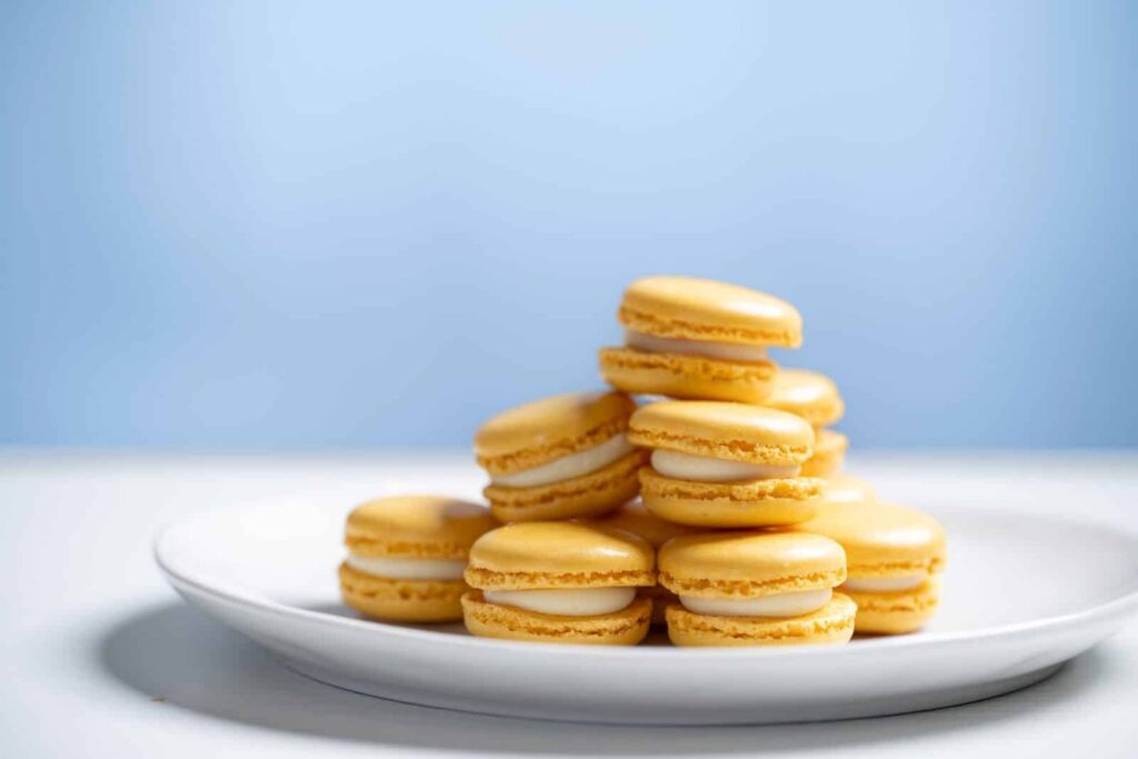 A pile of yellow macarons with white filling on a white plate against a light blue background.